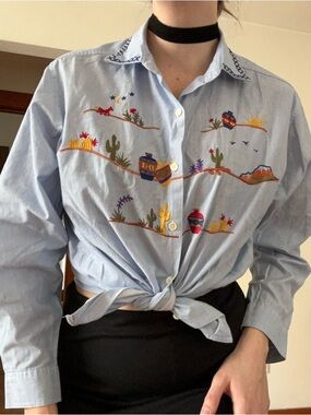 Erika Light Blue Embroidered Western Motif Button-Up Shirt